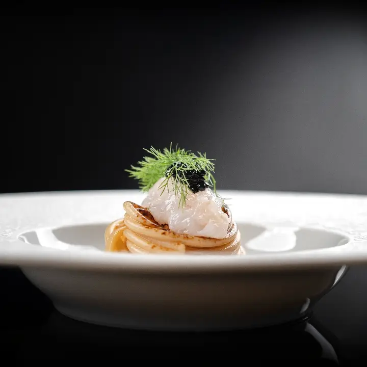 creation thumb for Liquorice infused spaghettone with scampi and caviar