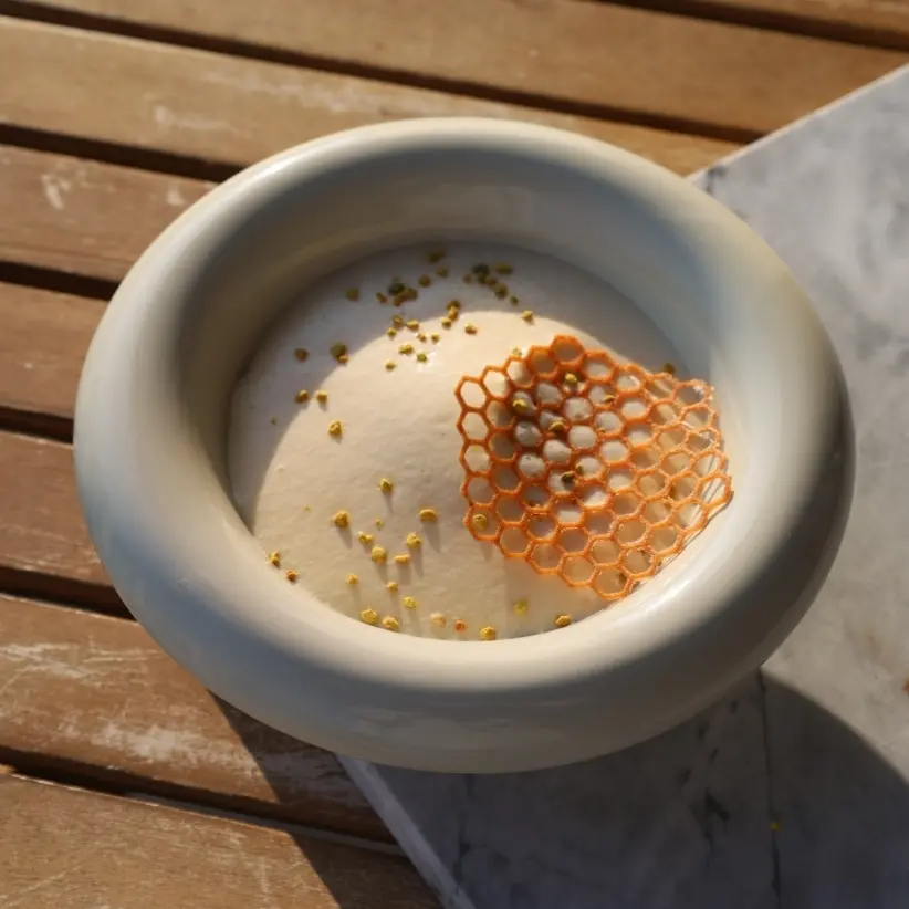 creation thumb for Honey Espuma, Saffron Basboussa & Pollen 🍯