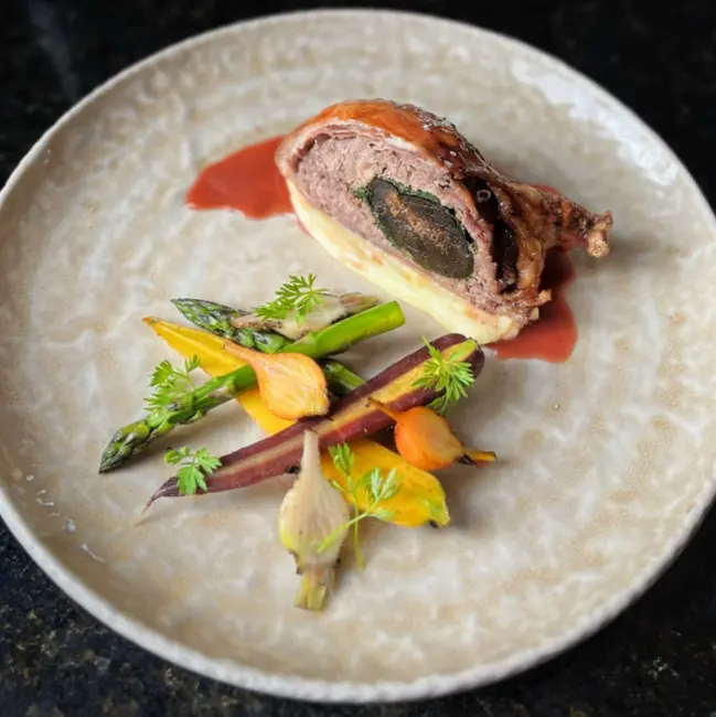 creation thumb for Stuffed Quail in Raspberry Sauce with Aligot and Garnitur