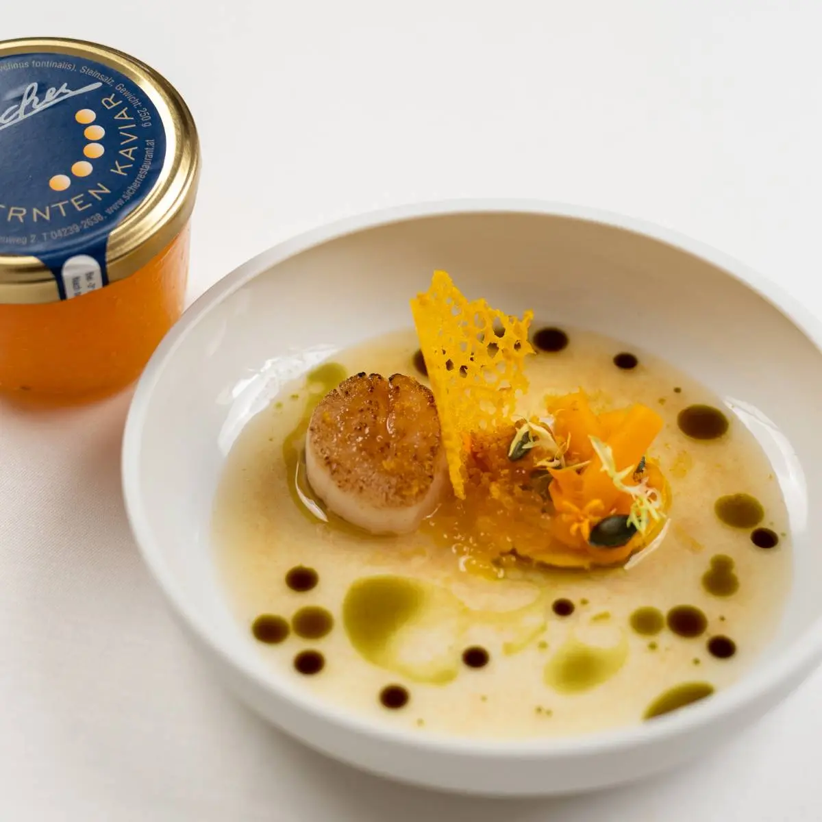 creation thumb for Scallop with Sicher caviar | pumpkin apricot escabeche
