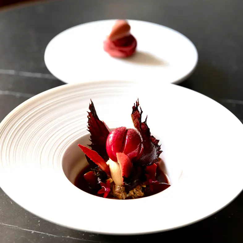 creation thumb for Prunes, Dulce de Leche, Shiso