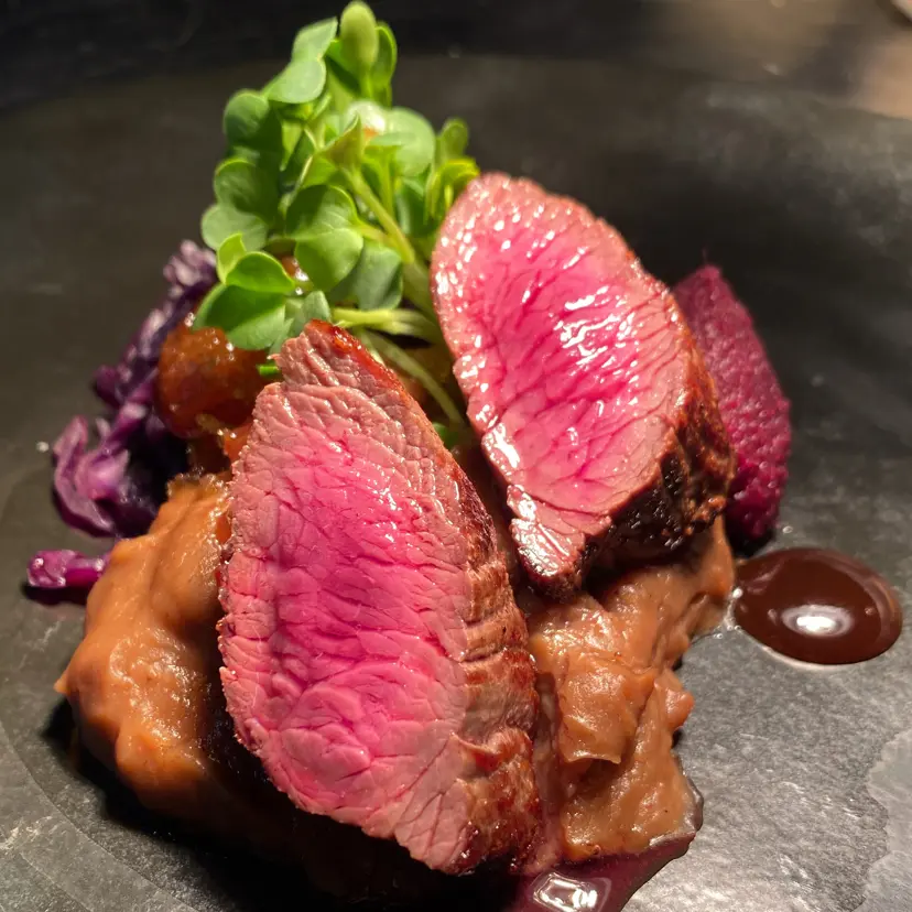 creation thumb for venison/red cabbage kimchi/chestnuts jalapeno puree/hoi sin
