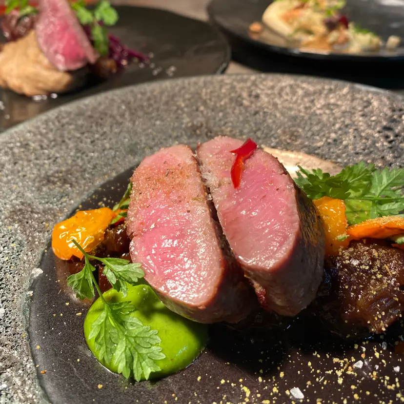 creation thumb for lamb rack/plumjus/dehydrated cherry tomatoes/rocket salsa
