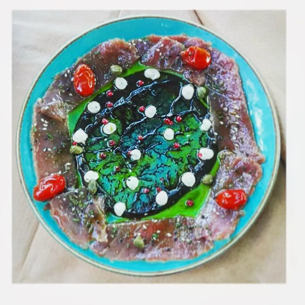 creation thumb for Pastourma tuna with taramosalata and sweet tomato confit