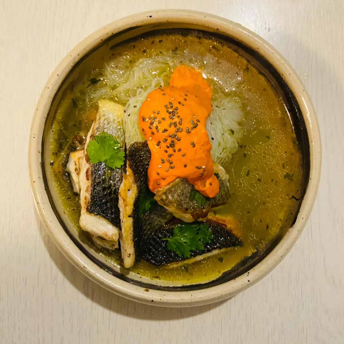 creation thumb for Seabass with rice noodles soup and sweet pepper paste