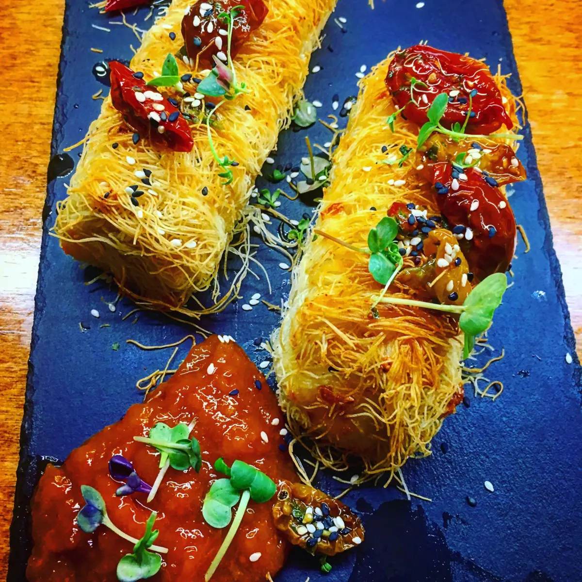 creation thumb for Kataifi with goat cheese,sweet tomato confit and homemade loquat marmelade (loquat from my garden)