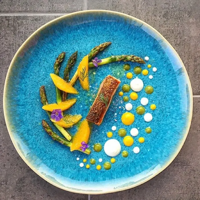 creation thumb for • Crispy skin salmon • himalaya salt • asparagus • orange & oil • sour cream •