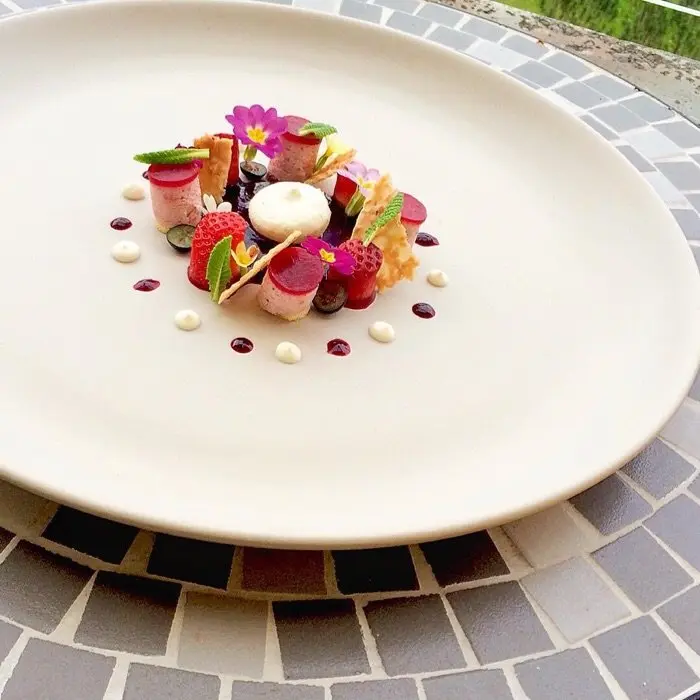 creation thumb for strawberry  mousse cake, frozen yoghurt with limes, sesame crisp