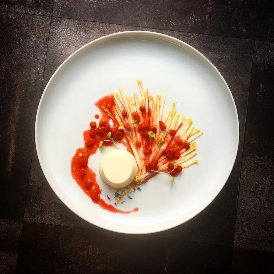 creation thumb for • Goat cheese Panna cotta with rosemary • Asparagus salad • Rhubarb vinaigrette with grenadine • Served with fresh baguette, not in the picture