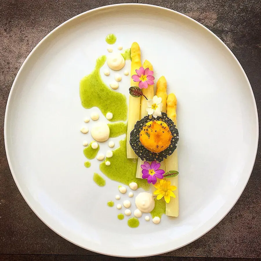 creation thumb for • Asparagus • baked egg yolk with wild garlic • wild garlic coral tuile • milk mayonnaise (without egg) • wild garlic oil •