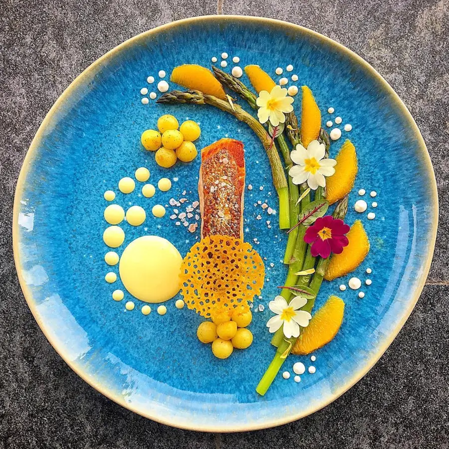 creation thumb for • Crispy skin BBQ salmon with himalaya salt • green asparagus • orange sauce hollandaise • spicy sour cream • pommes noisettes • orange coral tuile •