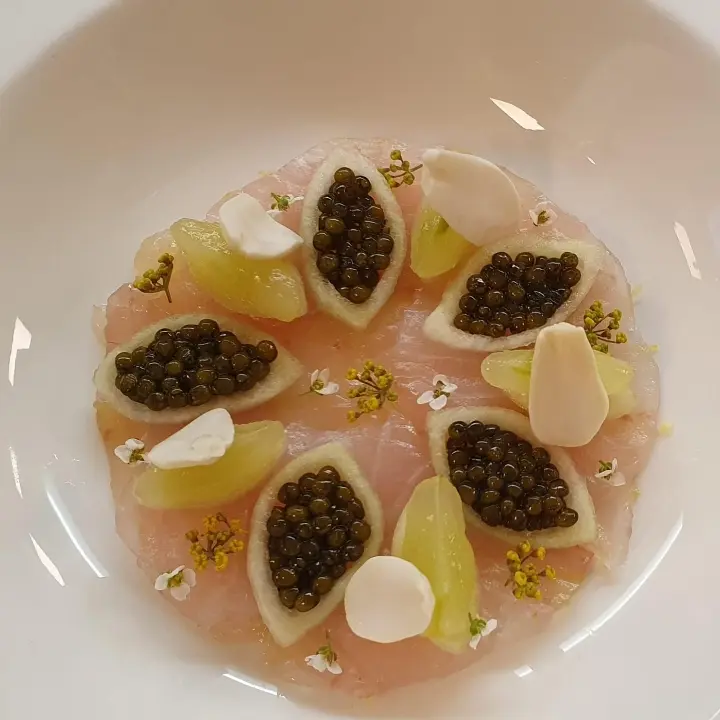 creation thumb for Wolfsbarsch-Ceviche, Bärenklau, Kaiserkaviar und Ajos Blanco