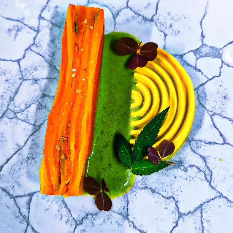 creation thumb for Pressed carrot/carrot ginger cremeaux pea mint chilli coulis