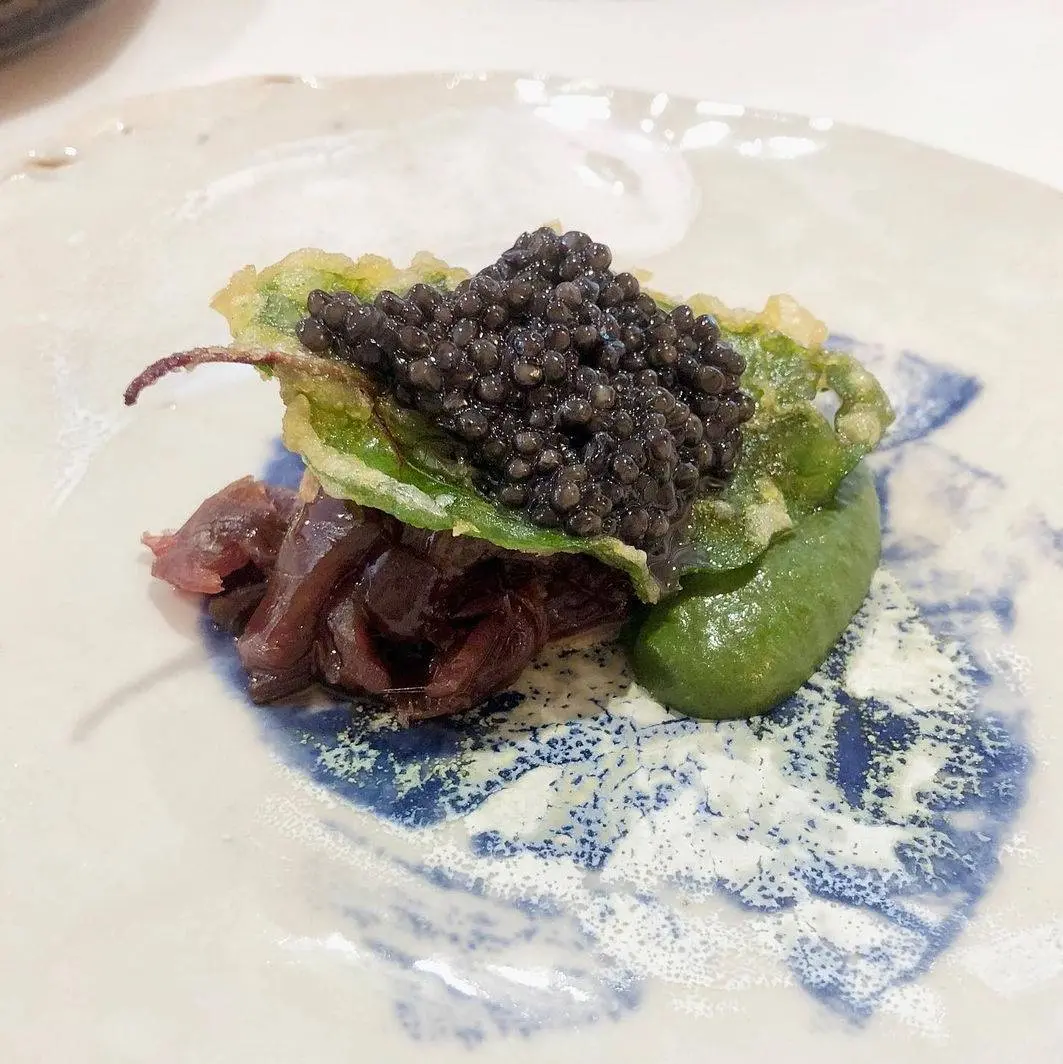creation thumb for Asian marinated soy & ginger beef, dried chard leaf & caviar