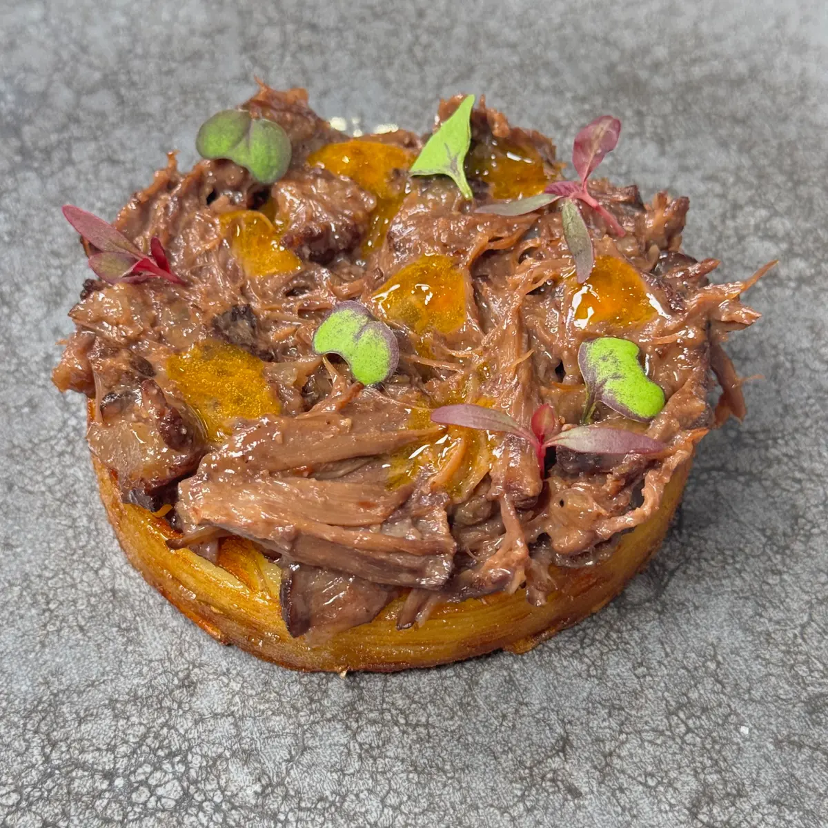 creation thumb for POTATO MILLEFEUILLE WITH OXTAIL AND EGG YOLK SAUCE