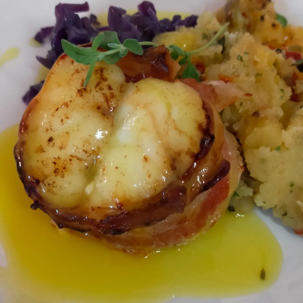 creation thumb for Monkfish wrapped in bacon, mashed potatoes and purple cabbage