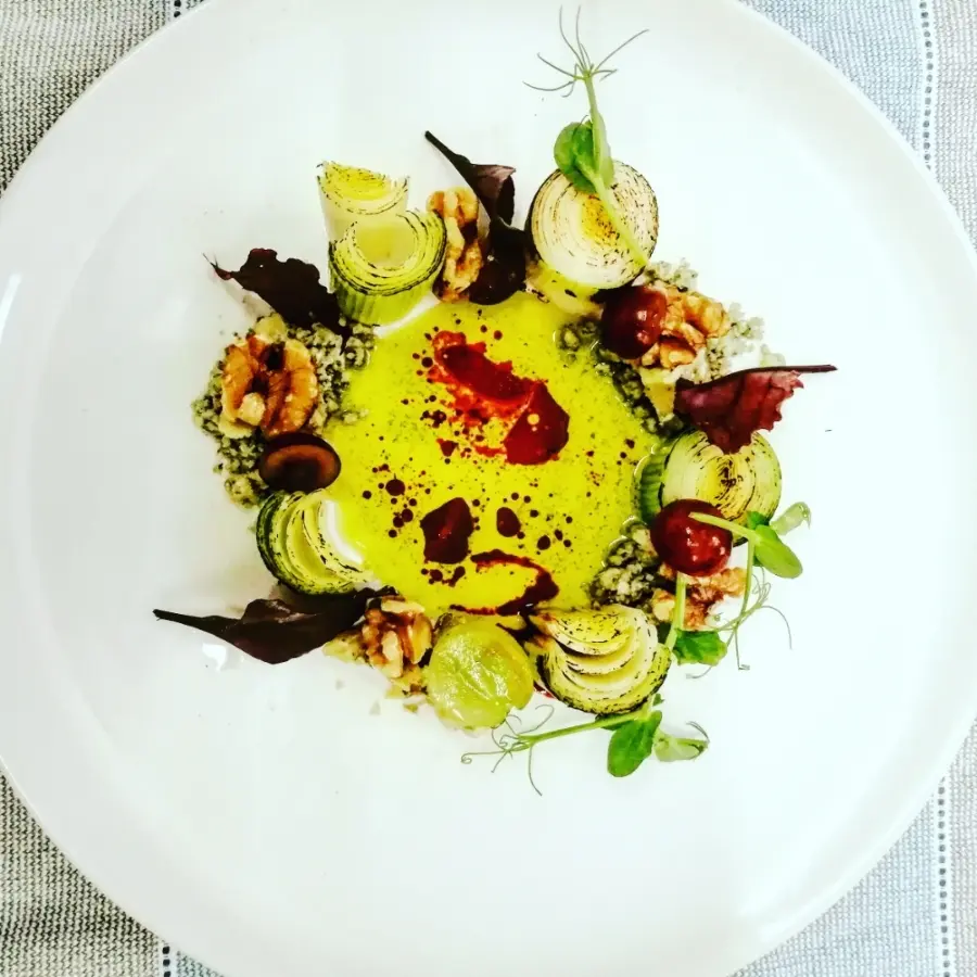 creation thumb for Confit leek, walnut, Stilton and pickled grapes