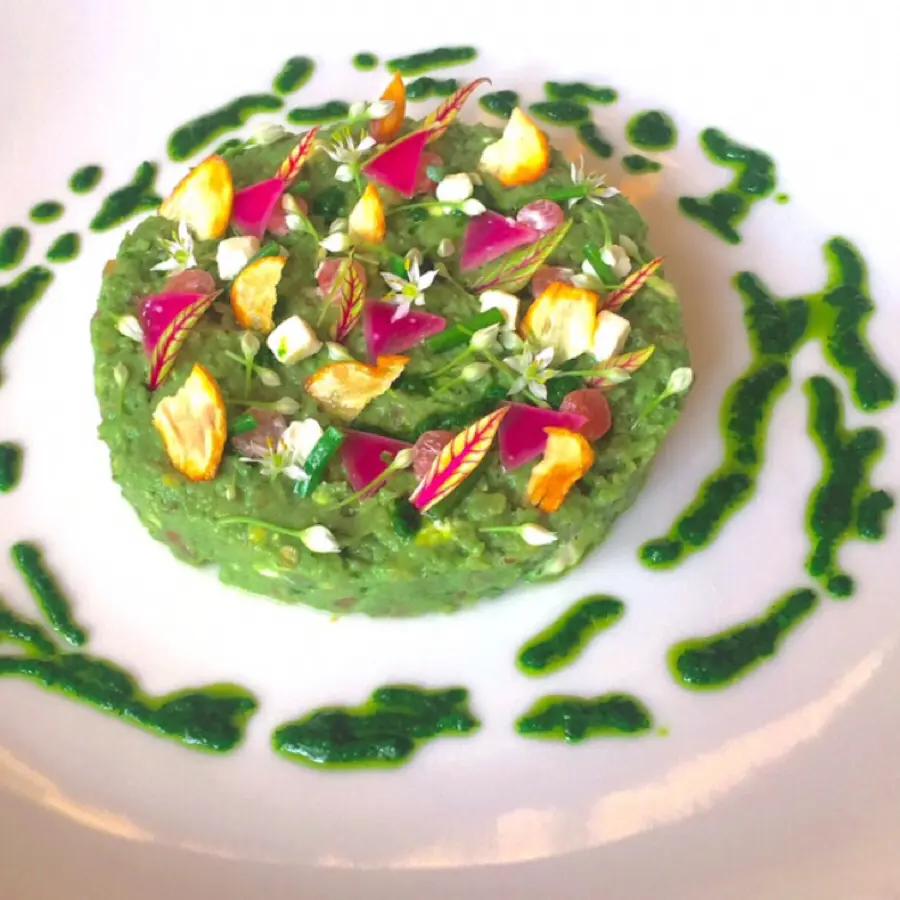 creation thumb for Eggplant phở pesto / red onion pickle / chives flowers