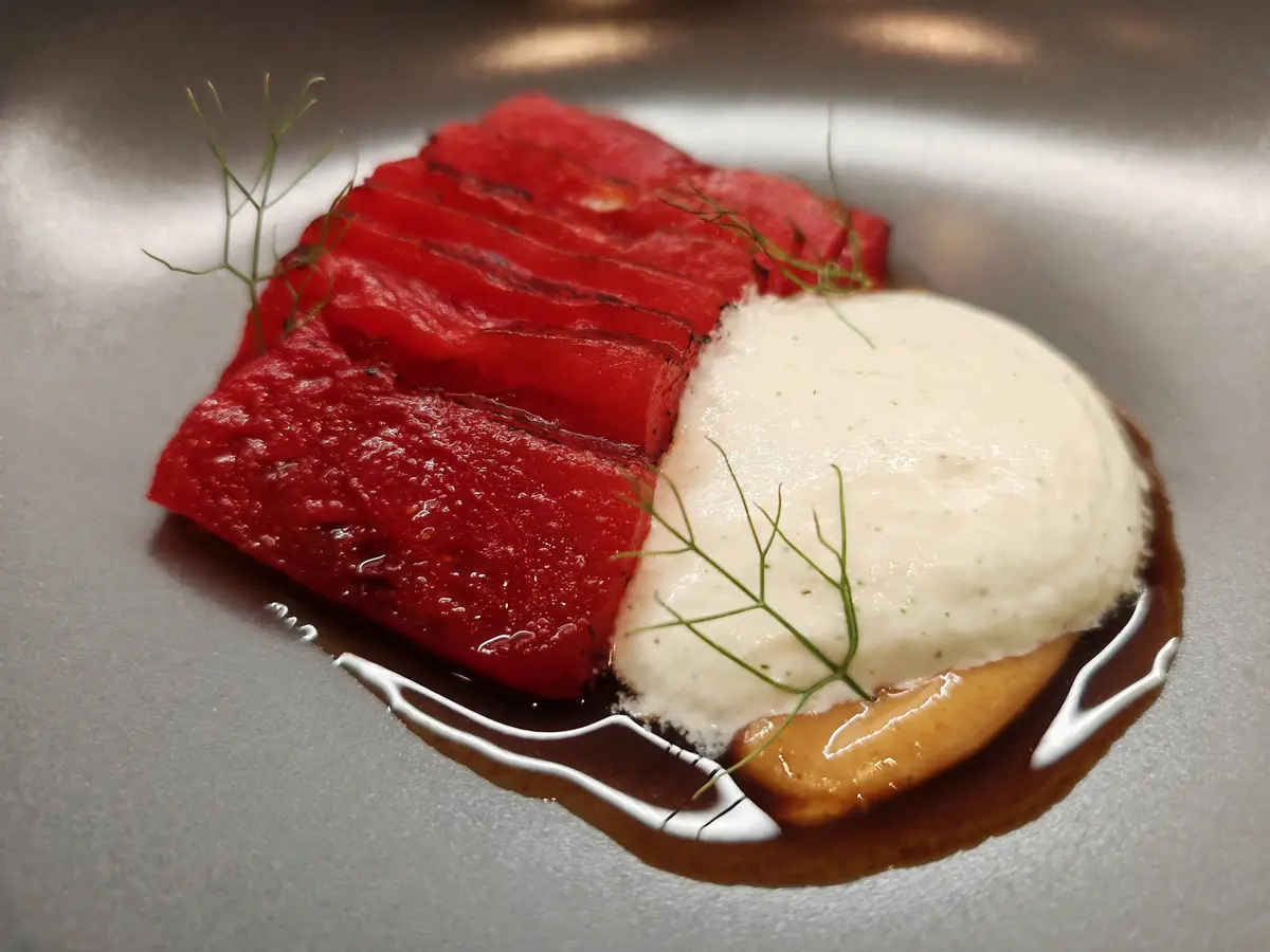 creation thumb for Anguria, tzatziki, bottarga, arachidi e aceto balsamico