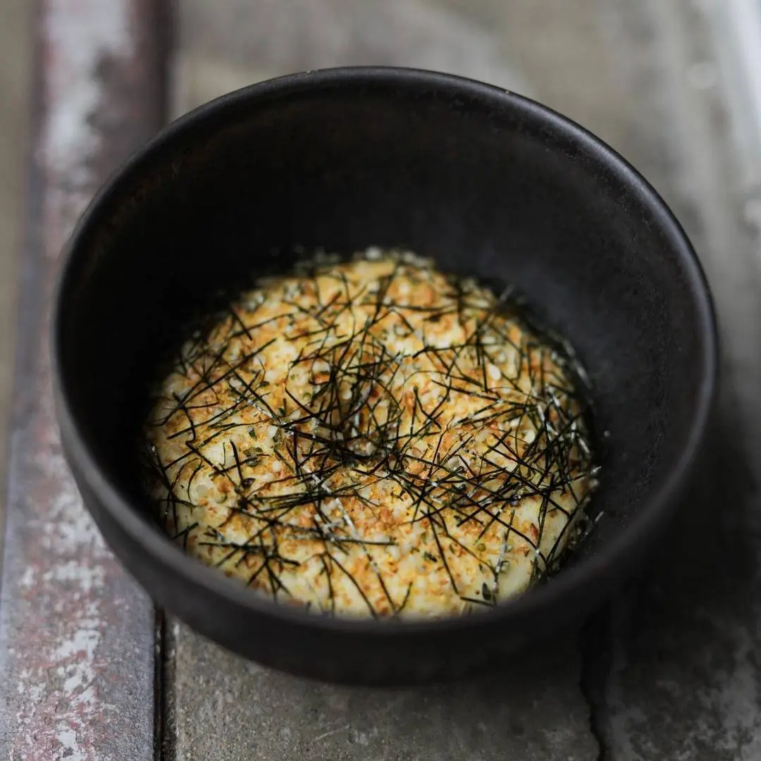 creation thumb for Sweet clover emulsion, nori flakes, lemon gel, confit egg