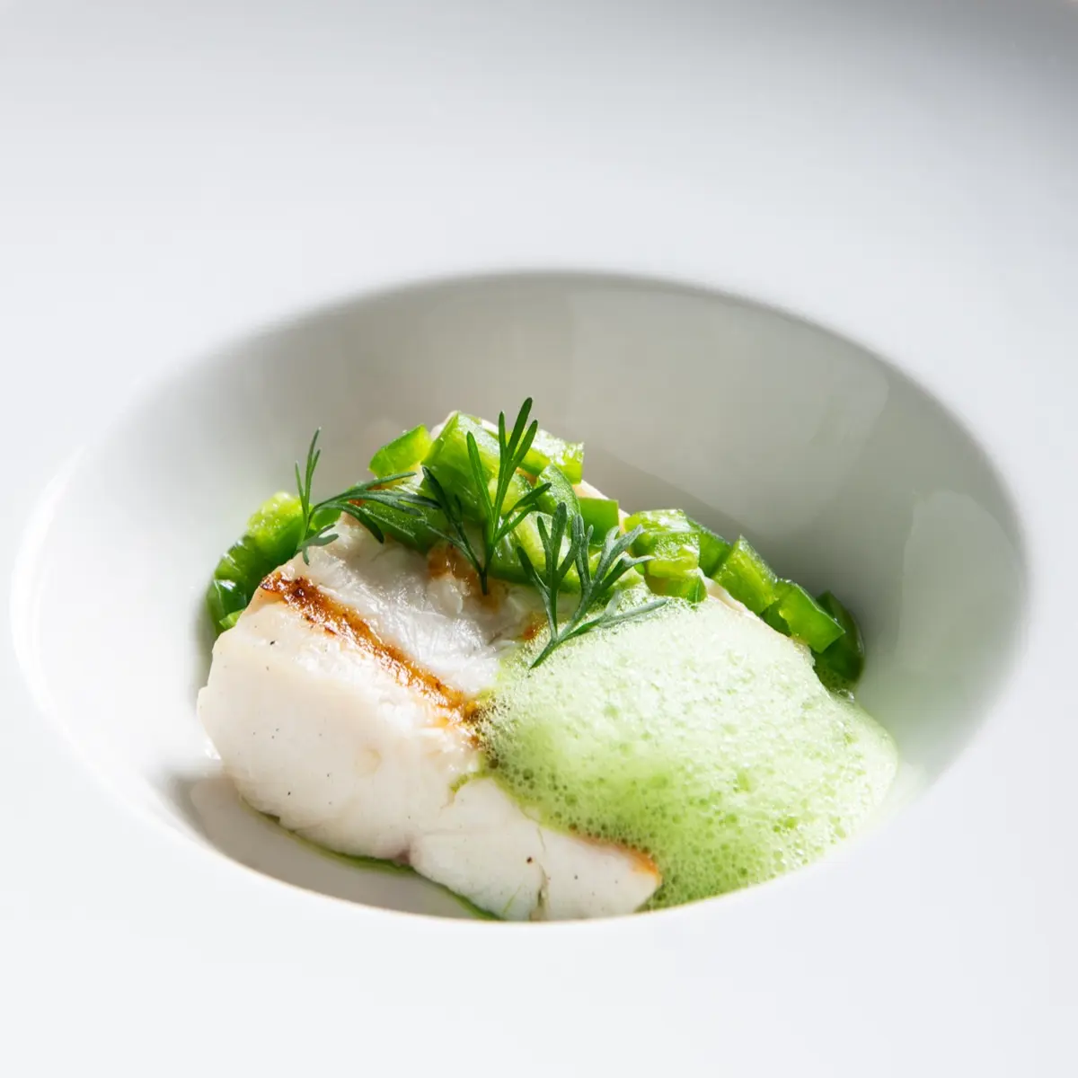 creation thumb for Amberjack Fillet in Aromatic Brine, Jalapeño, Coriander Air