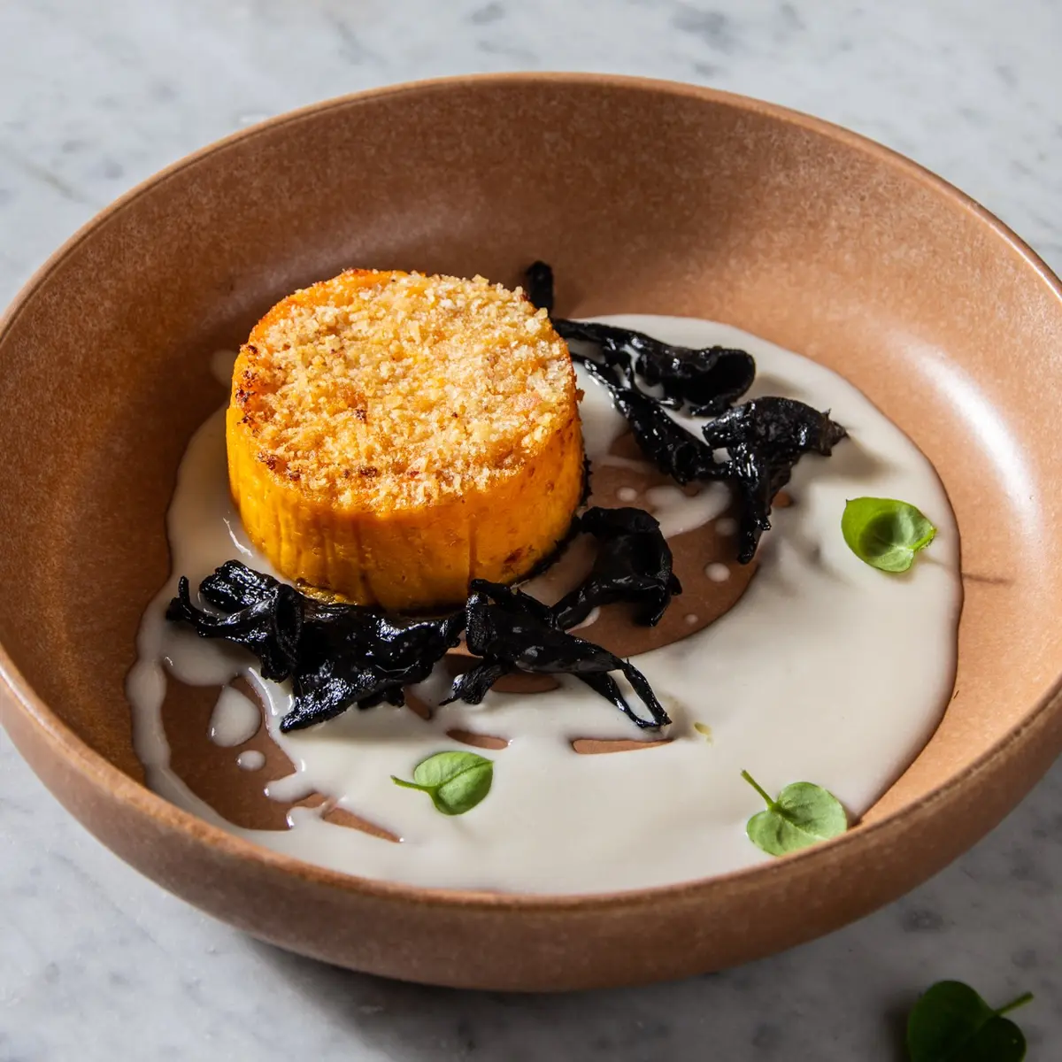 creation thumb for Pumpkin Gateau with Parmesan Fondue and Black Trumpet