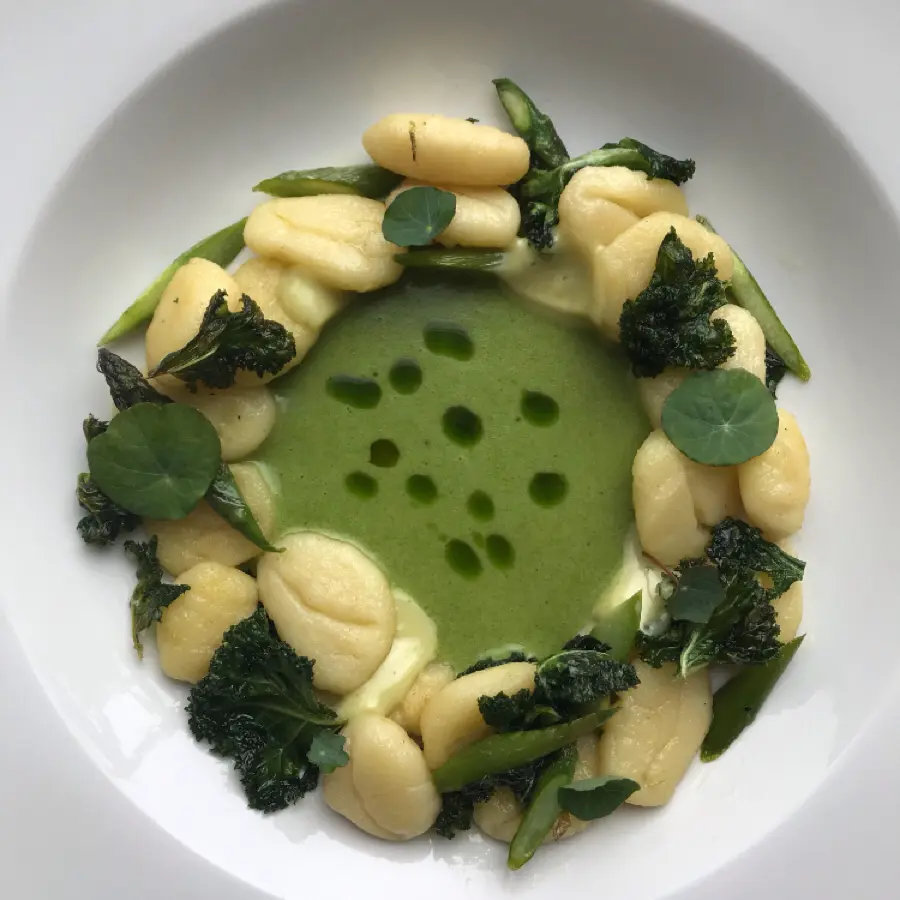creation thumb for Truffle gnocchi with bay leaf butter, kale, and green asparagus, aioli, wild garlic cream, nasturtium and herb oil.