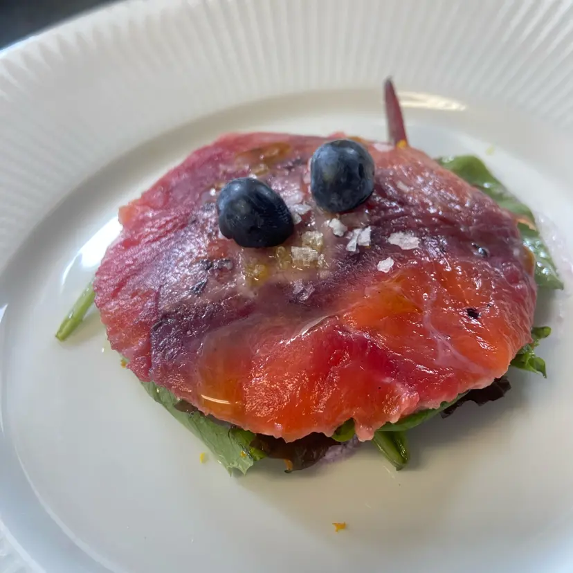 creation thumb for Trout Camouflage Beetroot, and Blueberry Mousse