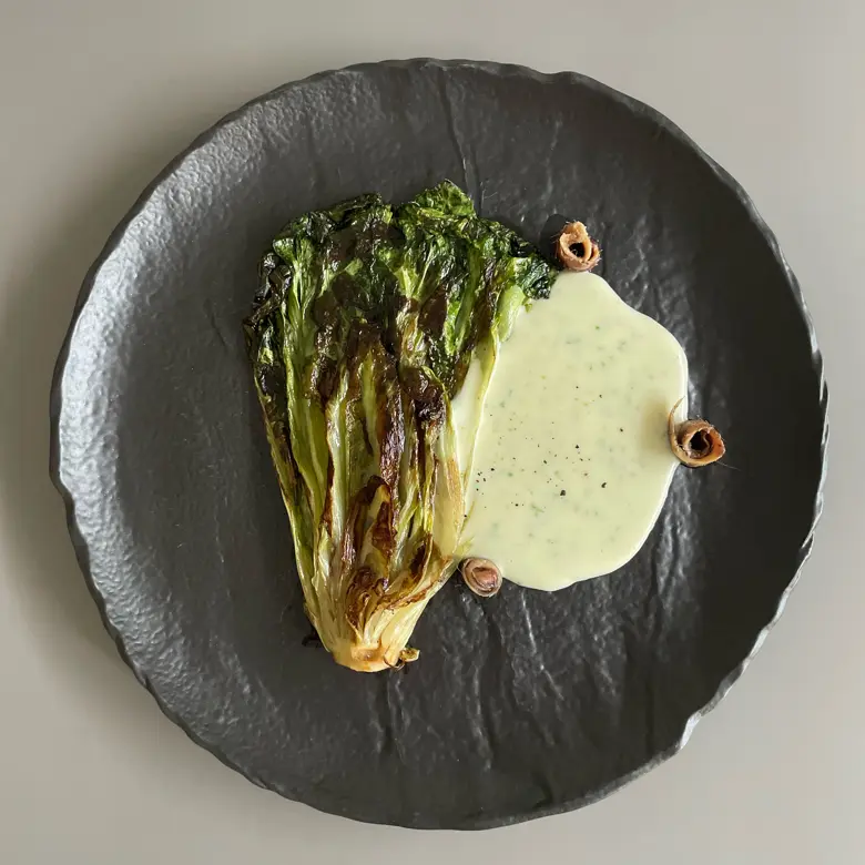 creation thumb for Seared Escarole with Chive-Pecorino Cream & Anchovies