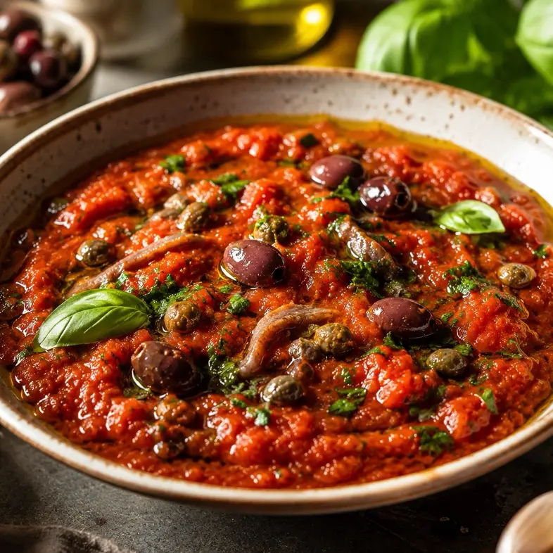 creation thumb for Salsa de tomate mediterránea • anchoas y aceitunas Taggiasca