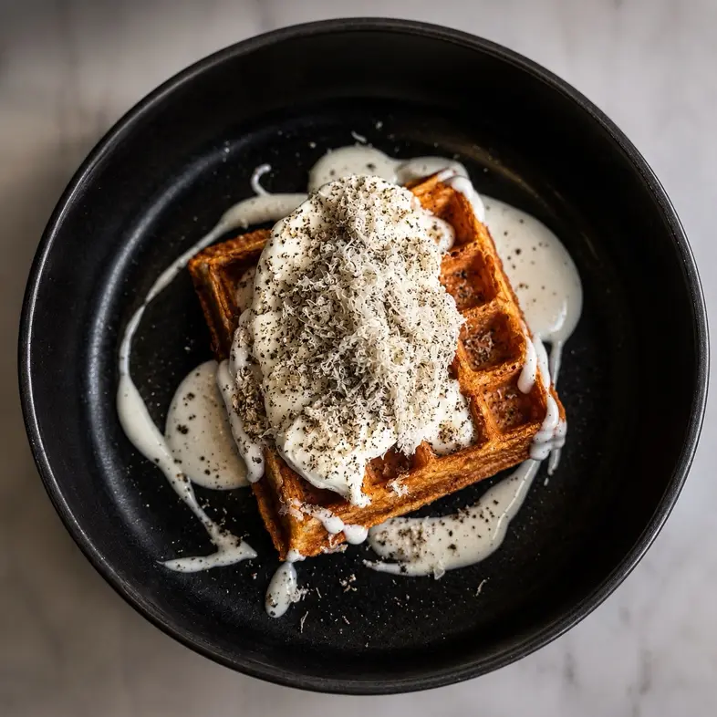 creation thumb for Waffle salado de pecorino • trufa y fondue