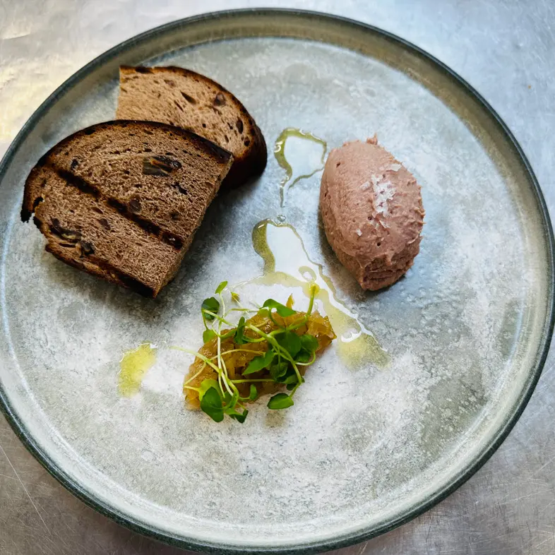 creation thumb for Wood Pigeon Parfait,Apple Chutney, pickled Pecan Bread
