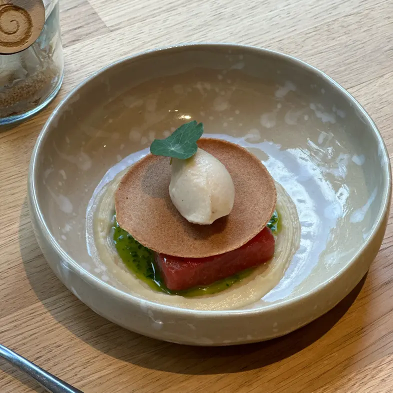 creation thumb for Compressed watermelon, celery icecream, nasturtium pistou