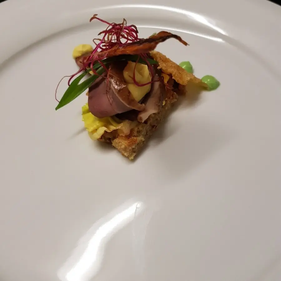 creation thumb for Hausgeräucherte Entenbrust mit Senf- Schmand, Karotte und Parmesan Chips