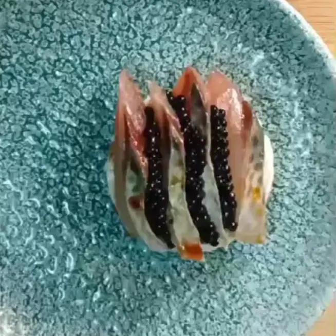 creation thumb for Cured Mackerel, Cucumber Kimchi, and Puffed Rice