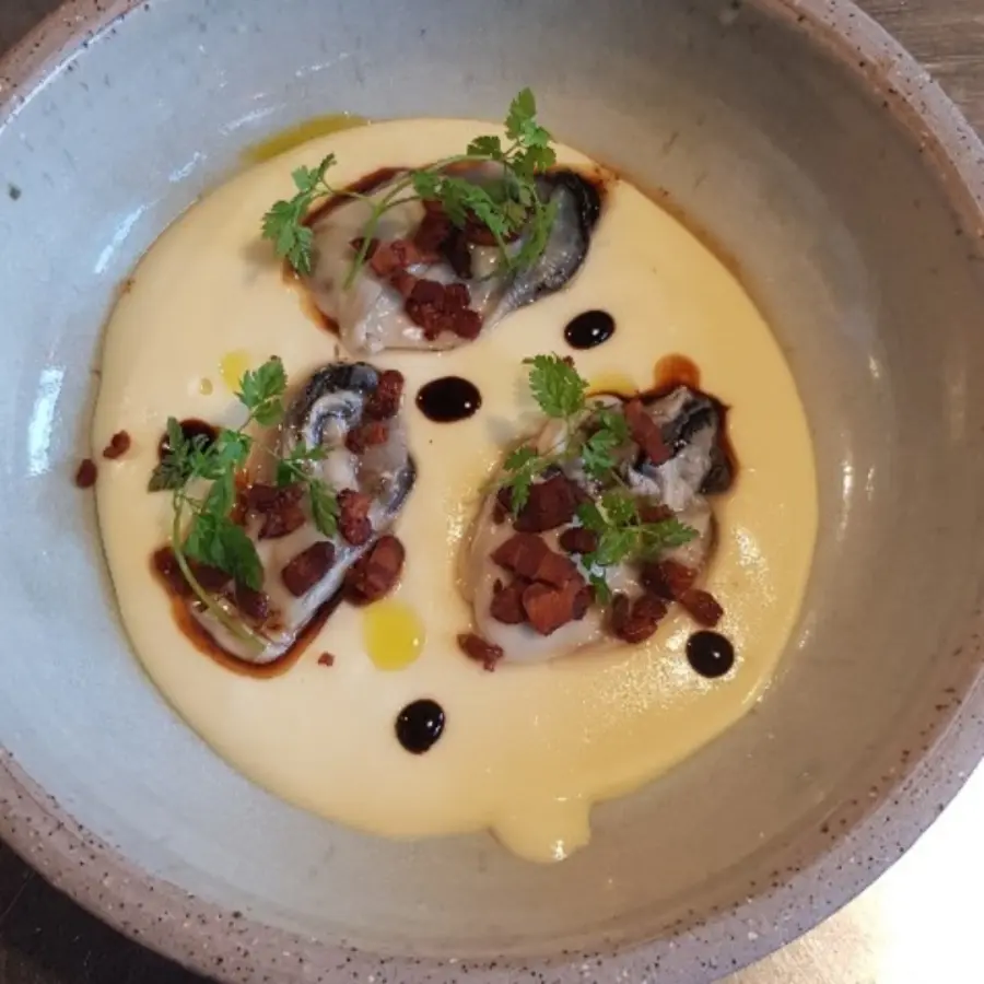 creation thumb for Bluff oyster on whipped potatoes, crunchie bacon and balsamic vinegar