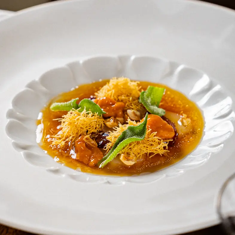 creation thumb for Scallops Crudo, Uni, Kattayif, Hazelnuts and Chicken Ponzu