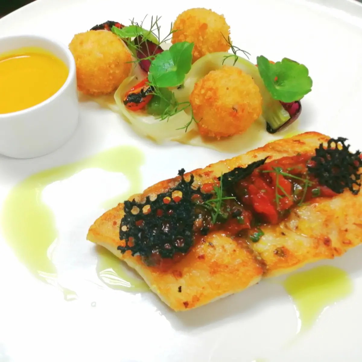 creation thumb for Barramundi Fillet with Seafood Arancini and Saffron Emulsion