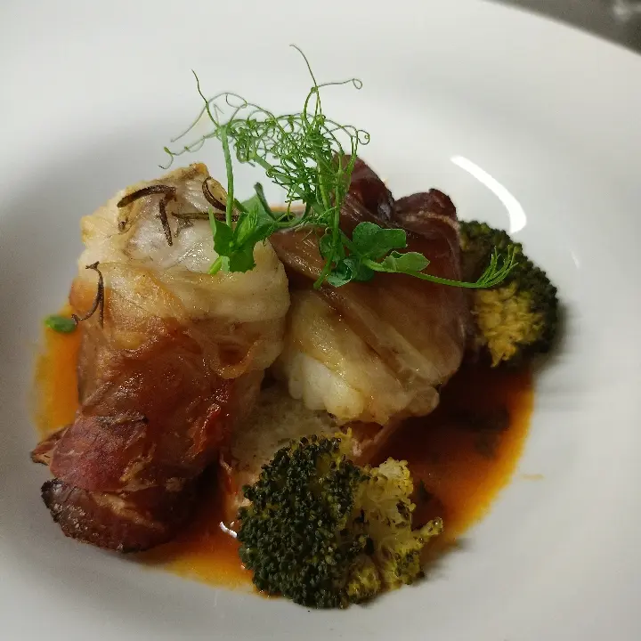 creation thumb for Larded monkfish, acqua pazza reduction, broccoli
