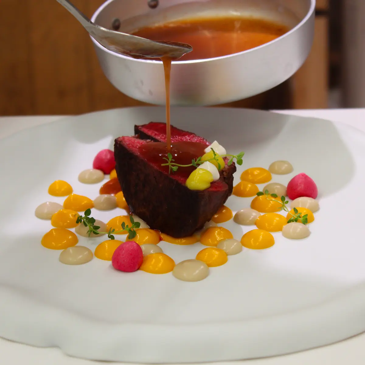creation thumb for Low-temperature horse fillet with puree and demi-glace