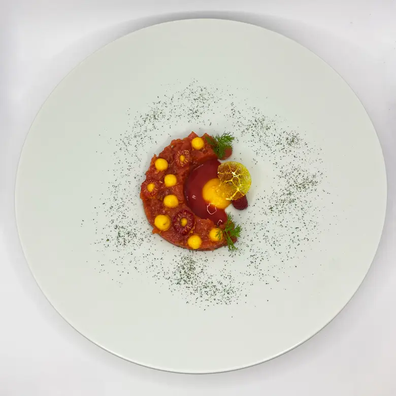 creation thumb for Beef tartare with carrot sauce, red fruit dressing, dried or