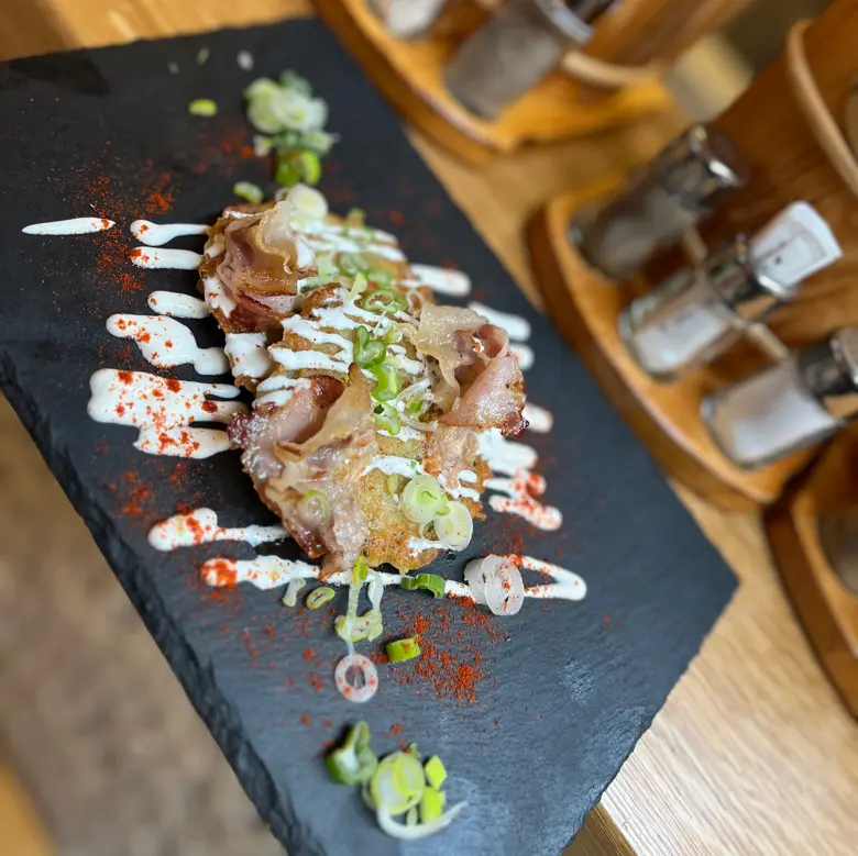 creation thumb for Bohemian potato pancakes | bacon | sour cream | spring onion