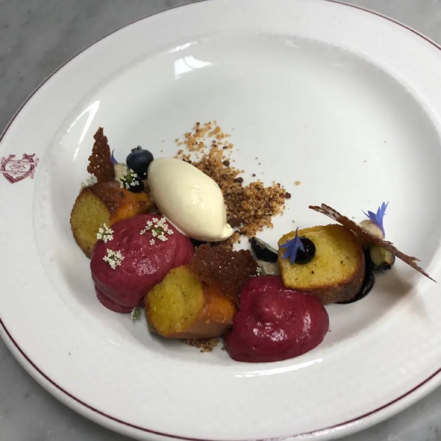 creation thumb for Brioche french toast cubes / cinnamon ganache / brioche nougatine / blueberry espuma / creme fraiche lavender ice cream