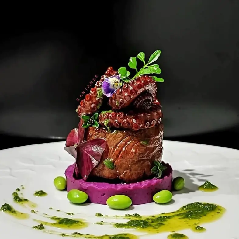creation thumb for Surf and Turf.  Beef Filet Paired with Braised Octopus. Purp