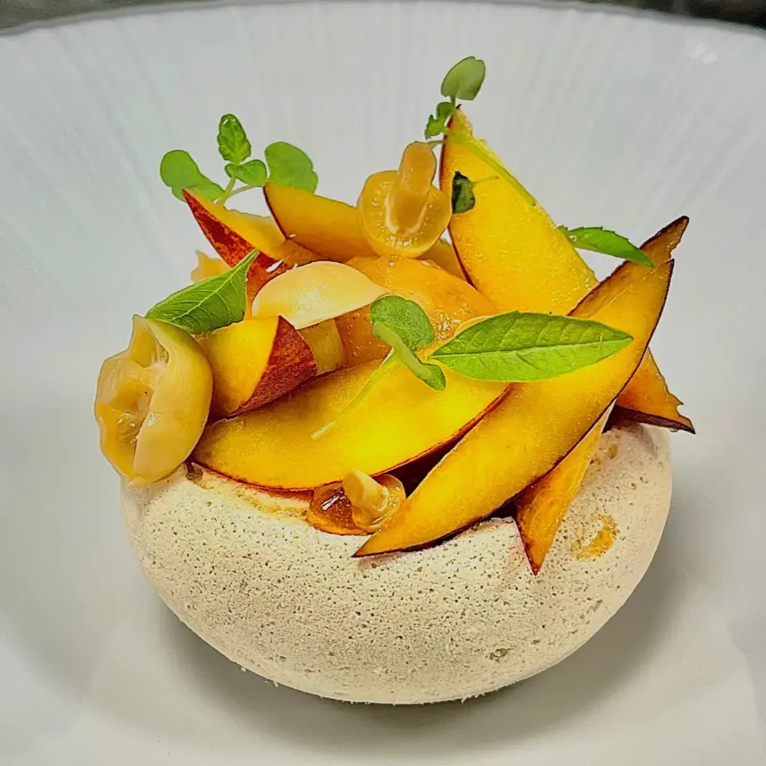 creation thumb for Peach Verbena Vegan Meringue with Black Sesame
