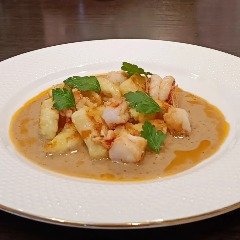 creation thumb for  Lazy dumplings with kumquat, langoustines and fish demiglas