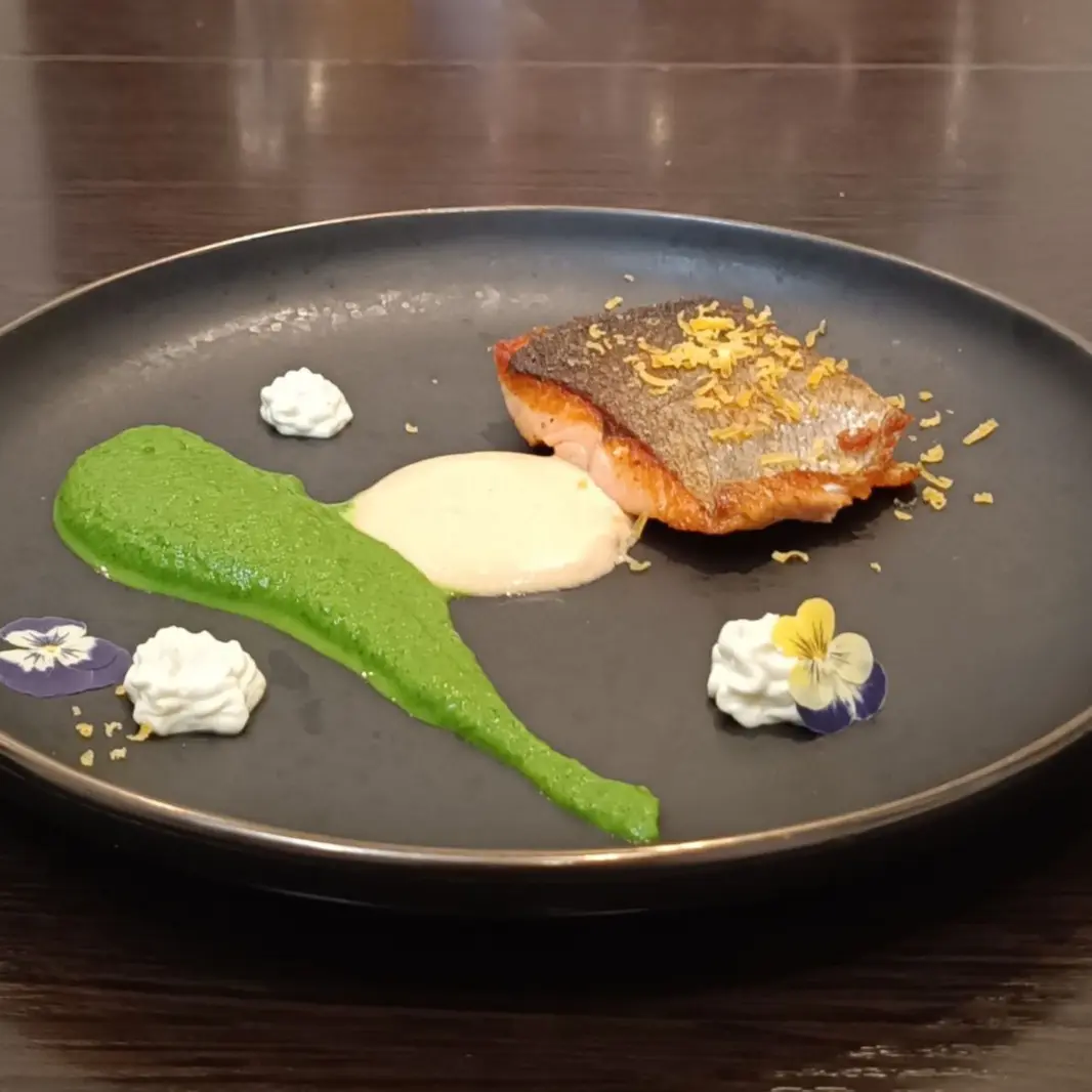 creation thumb for Trout, zucchini, Bisque sauce, dorblue mousse