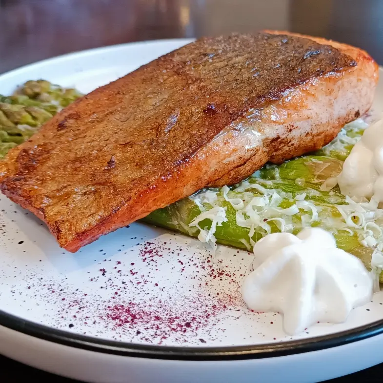 creation thumb for Fried trout with baked asparagus and anchovy mousse.
