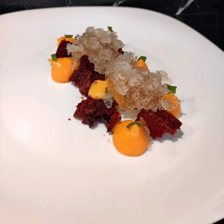 creation thumb for Creamy orange, salty brownie and orange blossom granita.