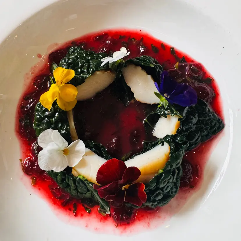 creation thumb for Grilled Scallops with Kale and Cranberry Sauce